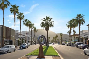 A street view of El Paseo with the mountains in the background.